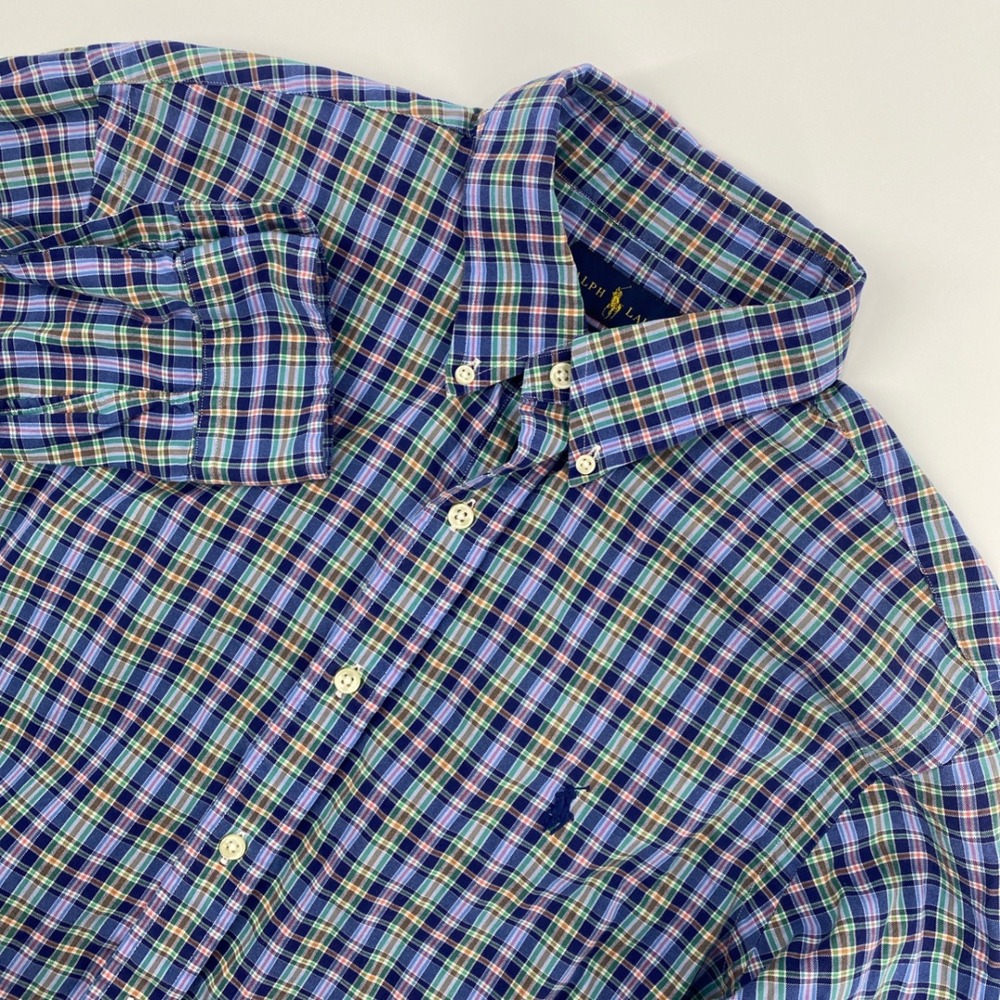 Ralph Lauren Shirt Mens Large Blue Green Plaid Slim Preppy Smart Business Office